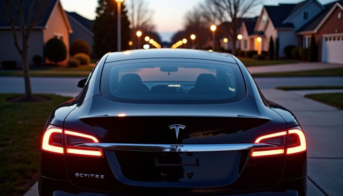 A Tesla Model S parked in a suburban driveway at dusk.