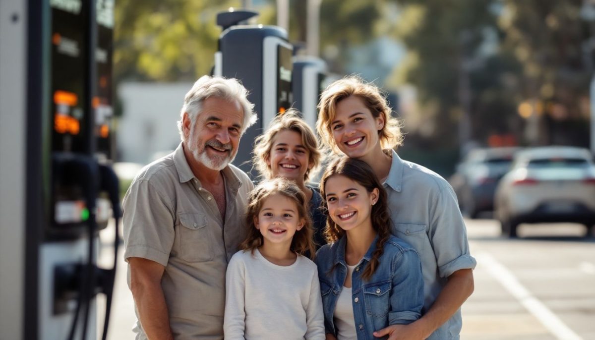 A family exploring electric vehicle charging stations with a Cybertruck in the background.