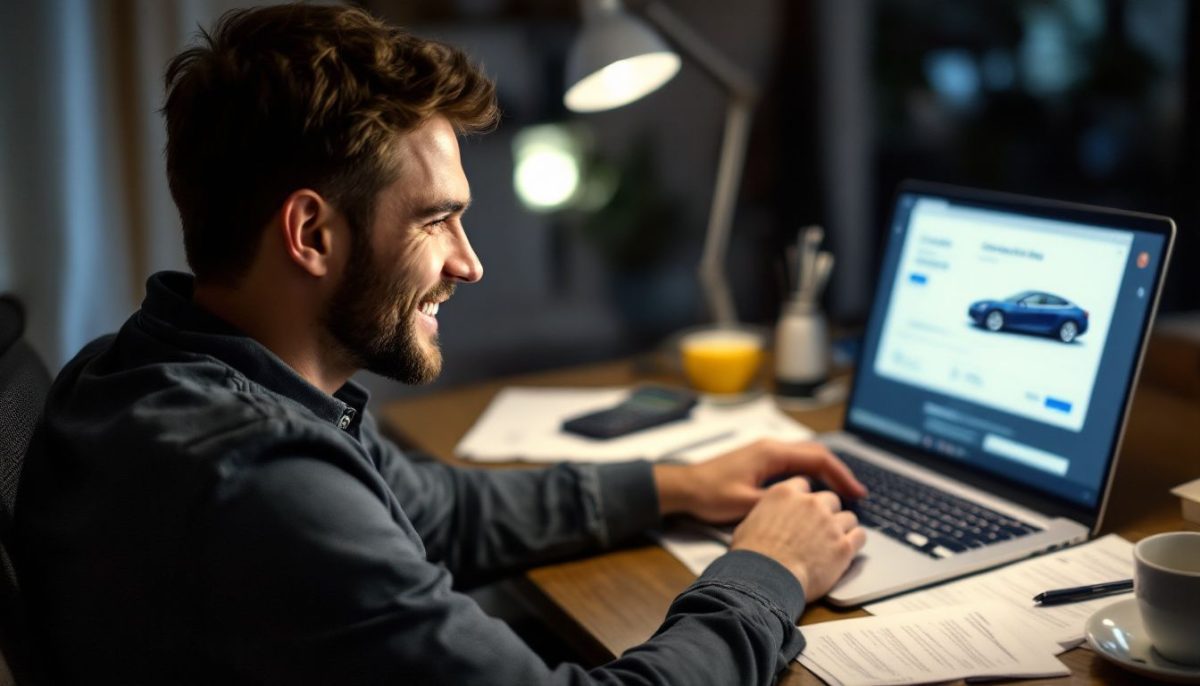 A person is smiling while looking at loan terms for a Tesla.