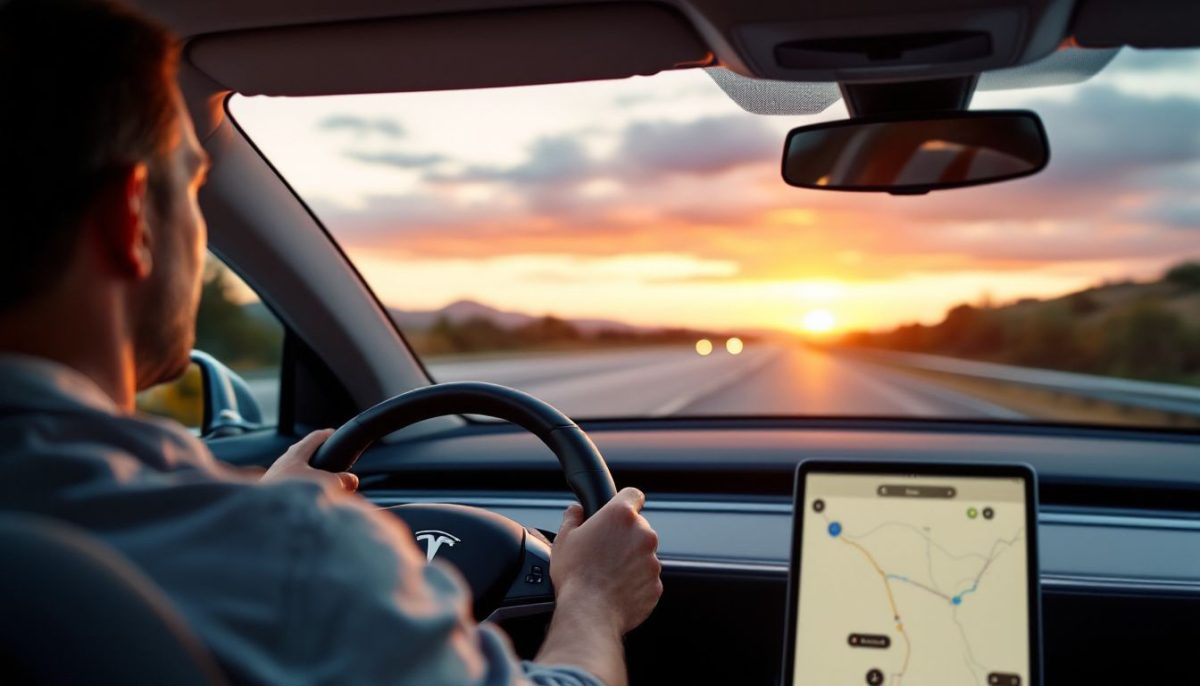 A middle-aged man drives a Tesla Model S with Autopilot engaged.