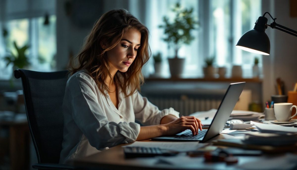 A woman fills out a Tesla financing application at a cluttered desk.