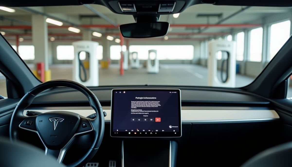 A Tesla electric vehicle with malfunctioning dashboard display in a parking garage.