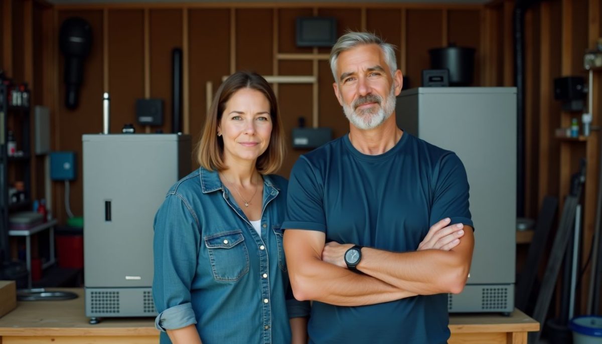 A middle-aged couple standing next to Powerwall 2 and Powerwall 3 units in their garage.