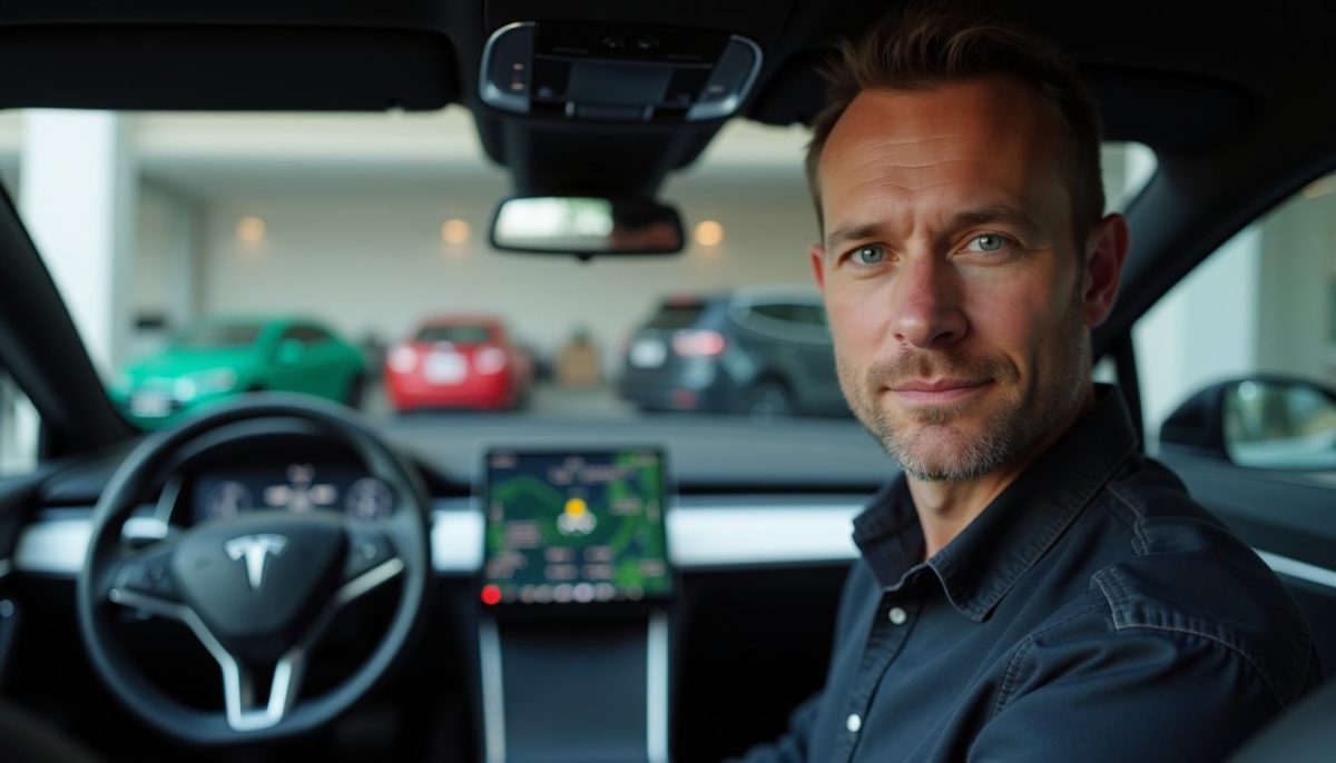 A man discussing self-driving technologies in a technology showroom.