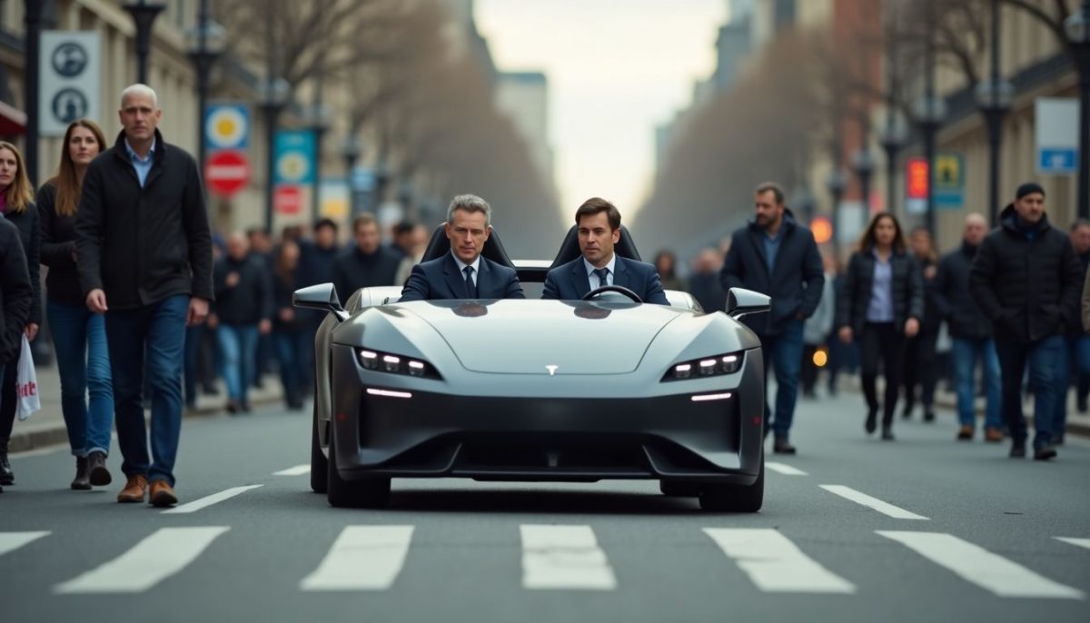 A businessman in his 40s driving a Tesla Cybertruck in a city.