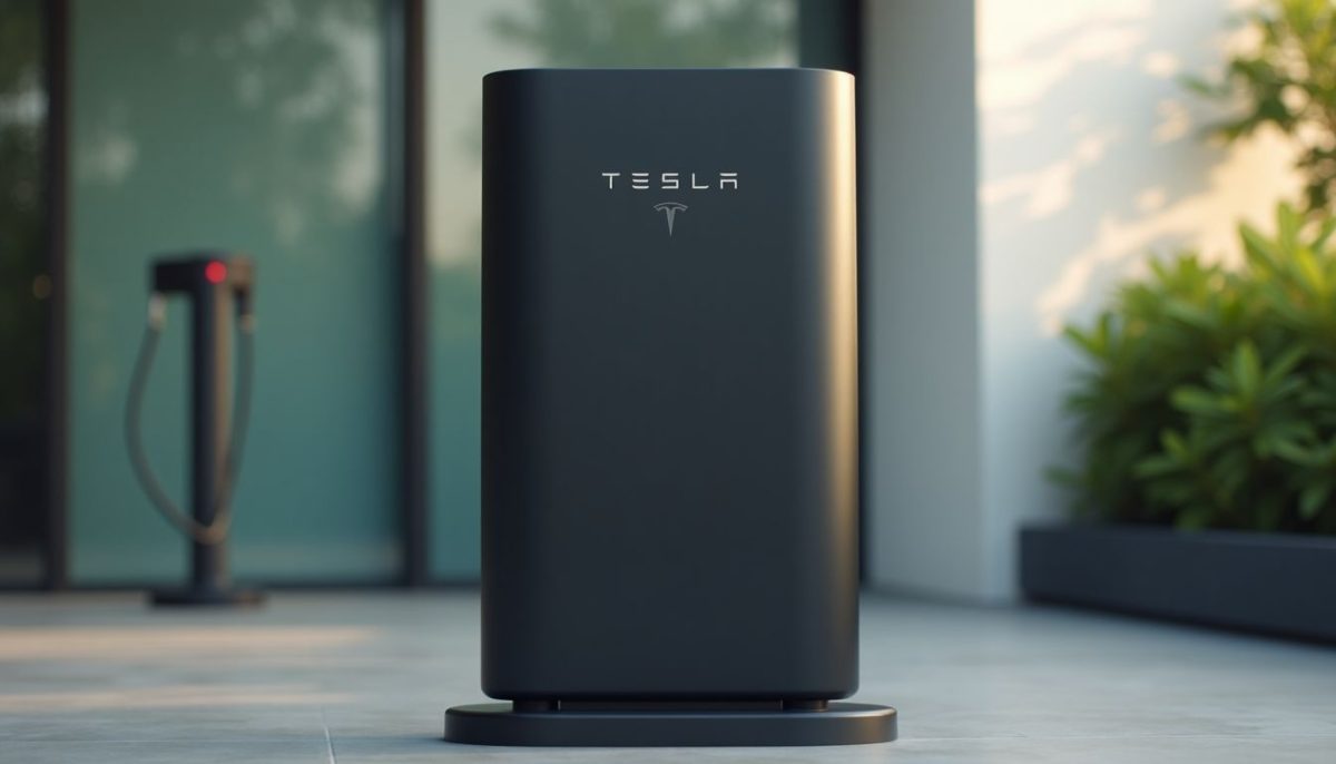 A close-up of a Tesla 4680 battery cell on a modern charging station.