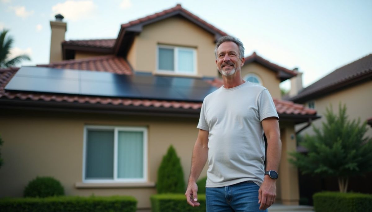 Middle-aged homeowner admires newly installed Tesla Solar Roof.