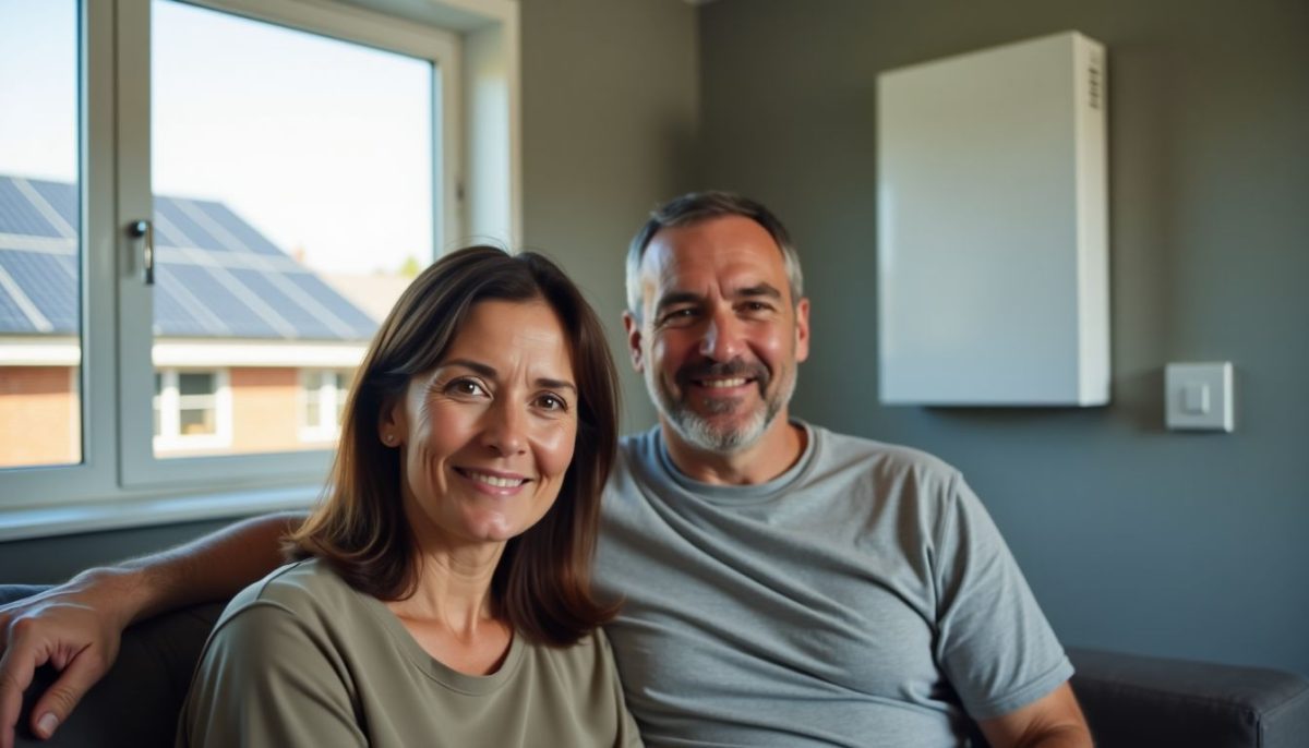 A couple sitting in a relaxed living room with solar and Powerwall.