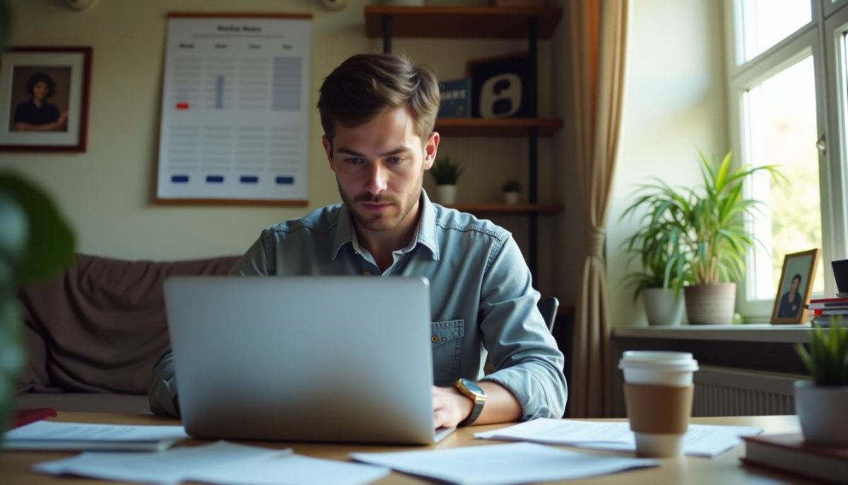 A person researching Tesla financing options in a cozy home office.