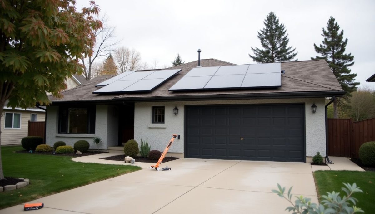 A Tesla Solar Roof being installed in a suburban driveway.