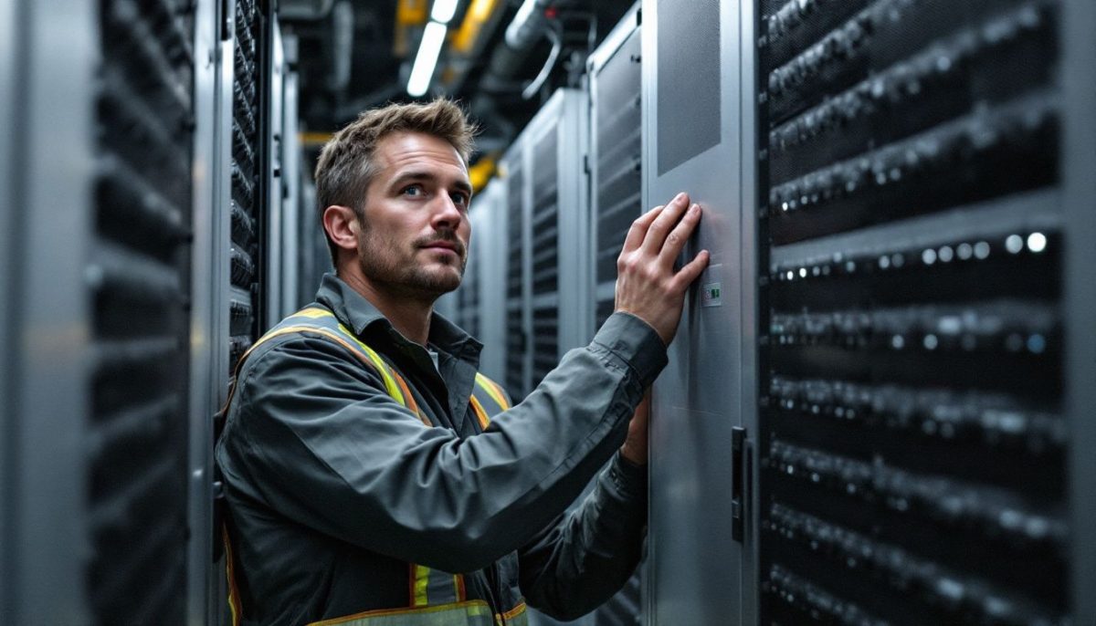 A man installs a Megapack in an energy storage facility.