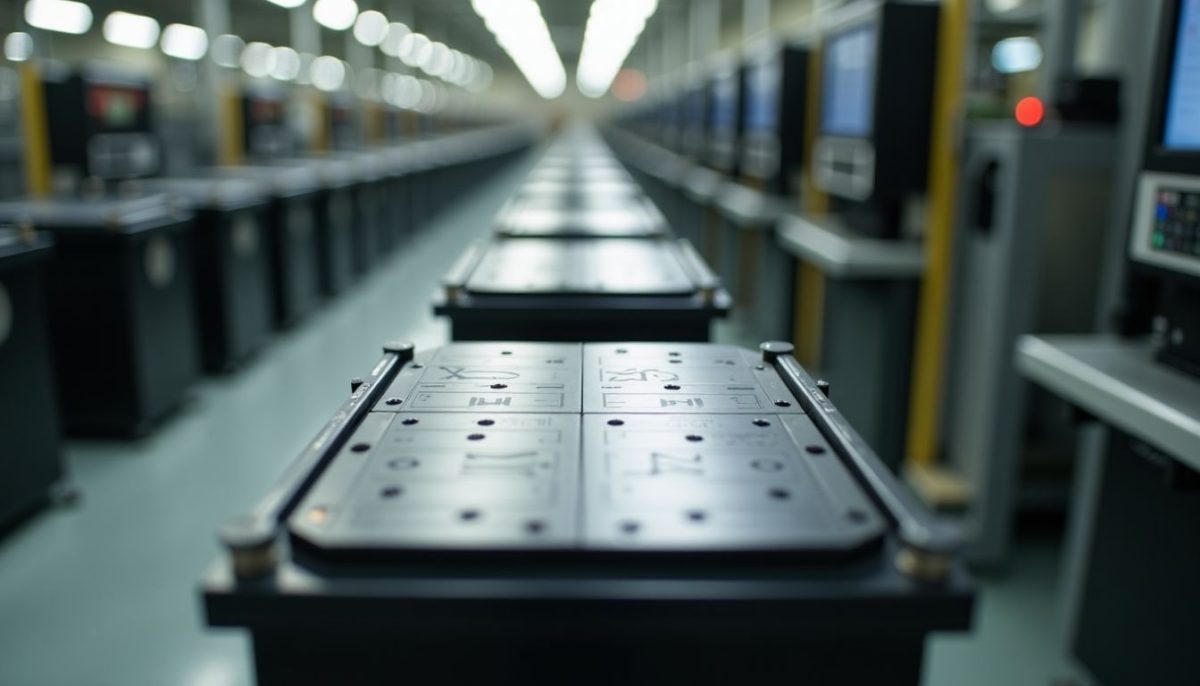 Close-up of manufacturing line producing Tesla's 4680 battery cells in Fremont factory.