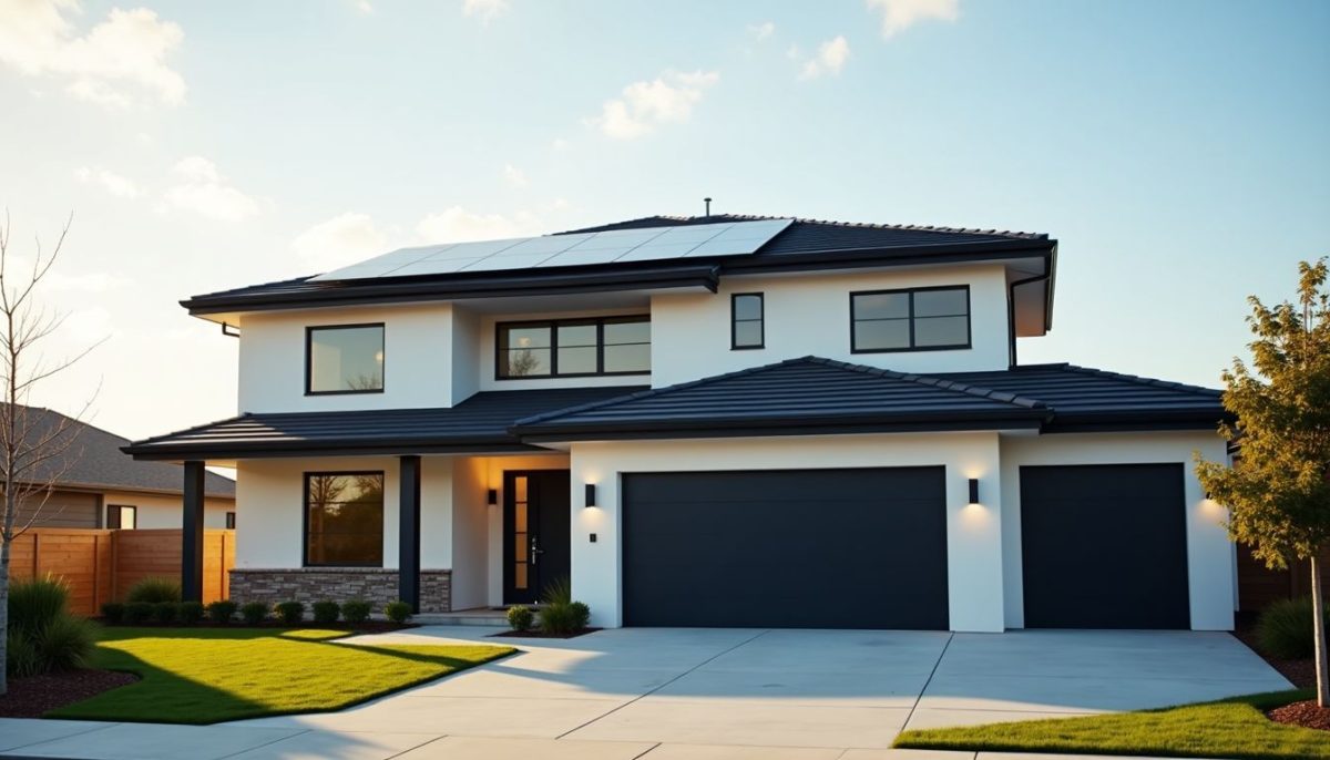 A modern home with a sleek Tesla Solar Roof generating clean energy.