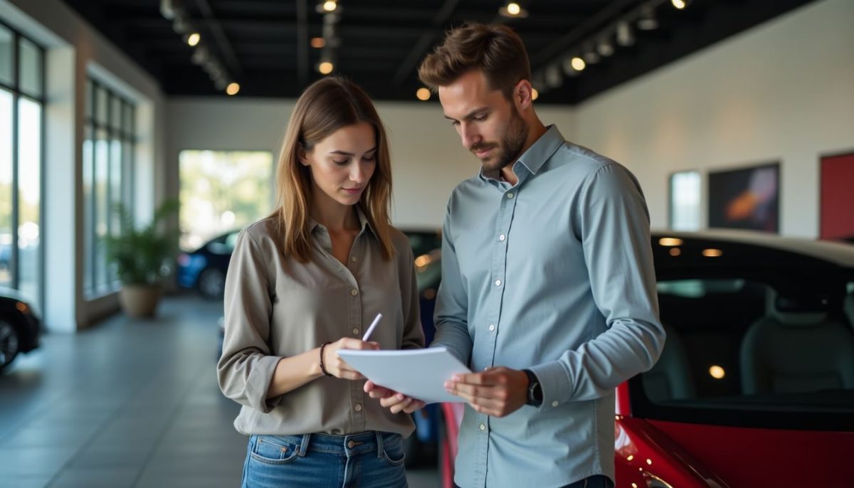 A couple in their 30s submitting financial documents in a Tesla showroom.