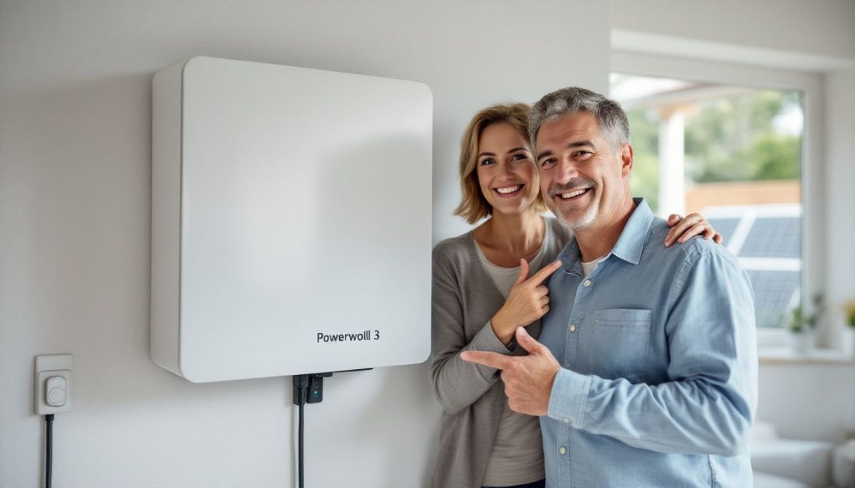 A middle-aged couple excitedly points at their new home energy storage unit.