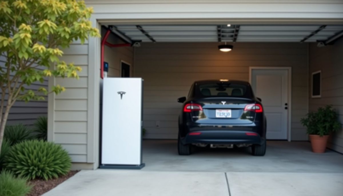 A residential garage features a Tesla Powerwall, highlighting energy-saving benefits.