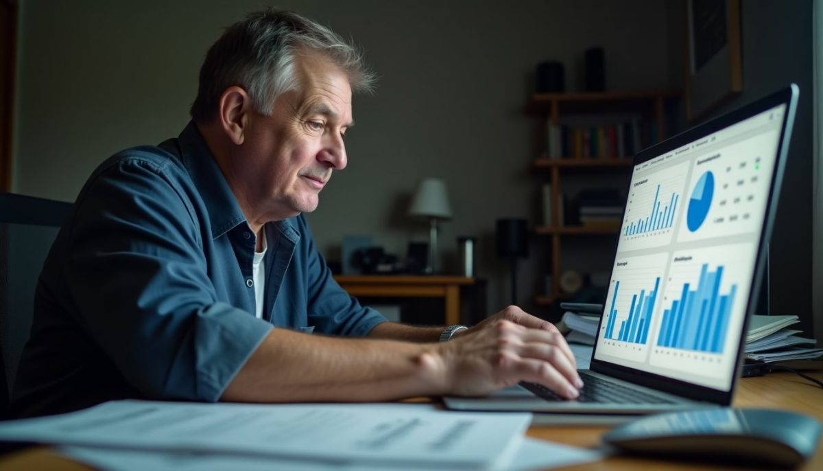 A person at a cluttered desk calculating Tesla ownership savings.