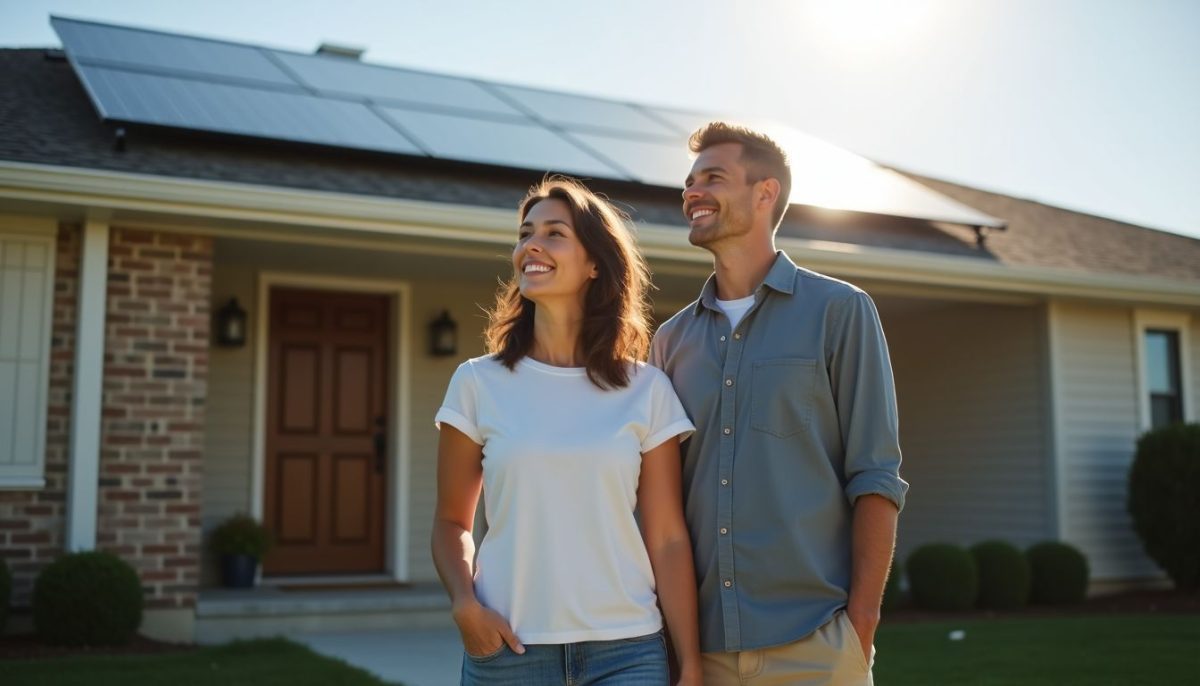 A couple admires their new Tesla Solar Roof at home.