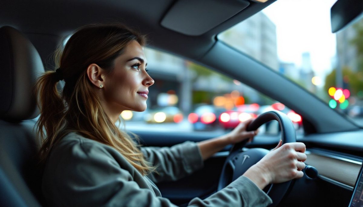 A woman in her 30s sits in a Tesla Model S using Full Self-Driving.