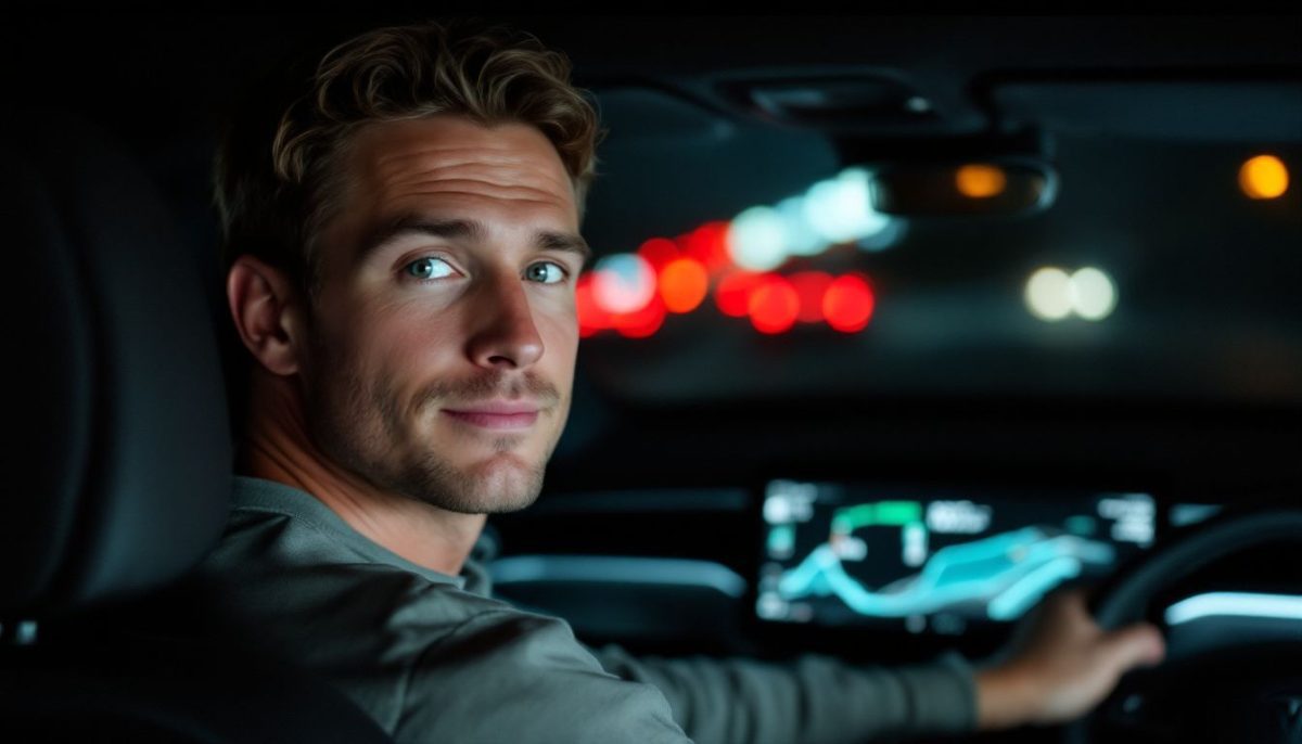 A man sits in a Tesla Model S with advanced Autopilot features.