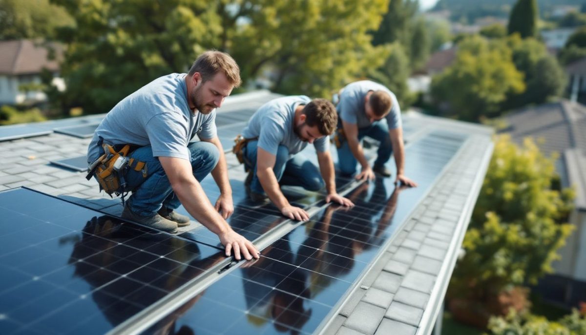 A team of installers is placing solar tiles on a suburban home's roof.