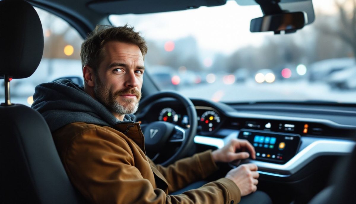 A man in his 30s sits in a Cybertruck with modern interior.