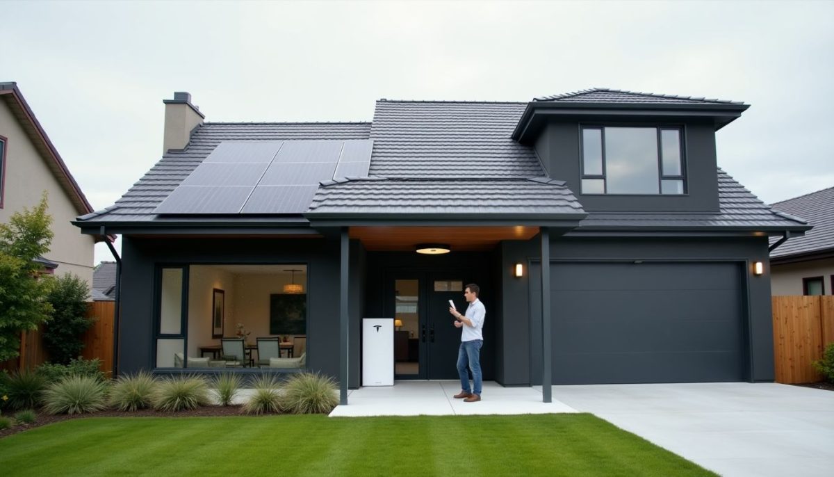 A modern home with a Tesla Solar Roof and Powerwall battery.