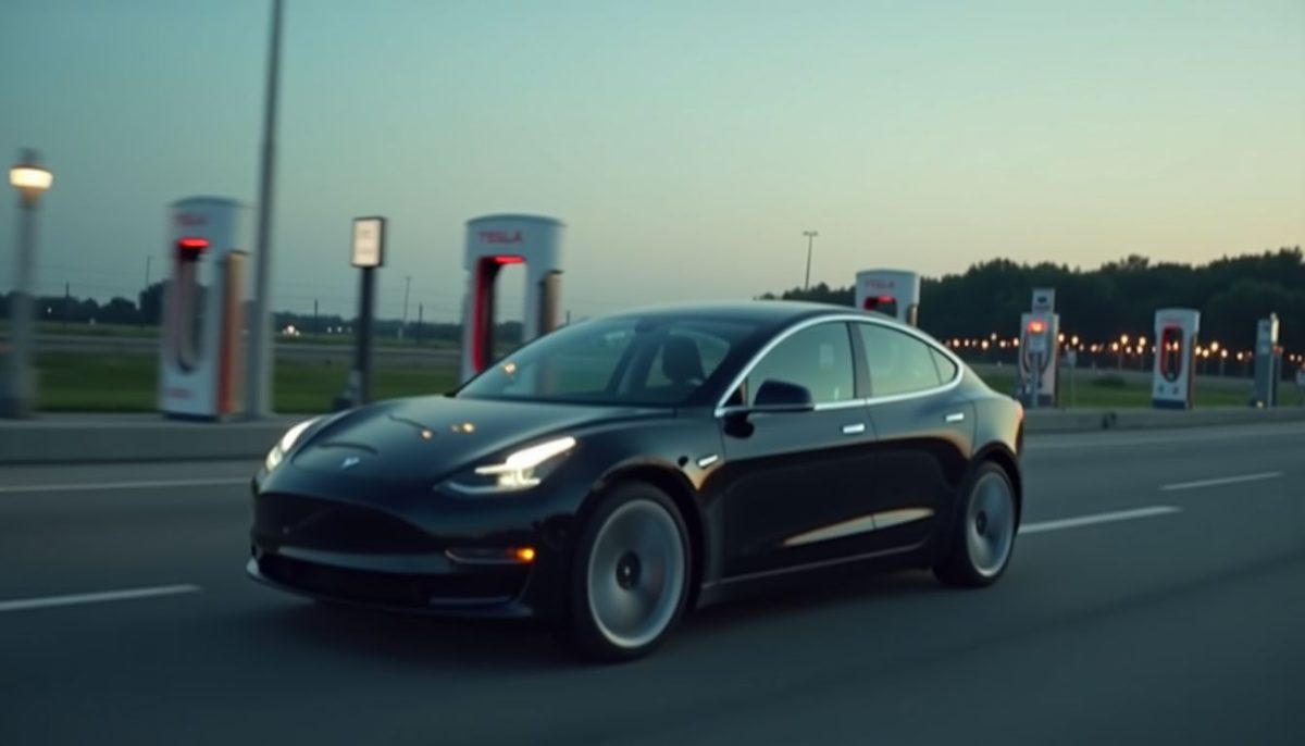 A Tesla Model 3 driving quickly on a highway at dusk.