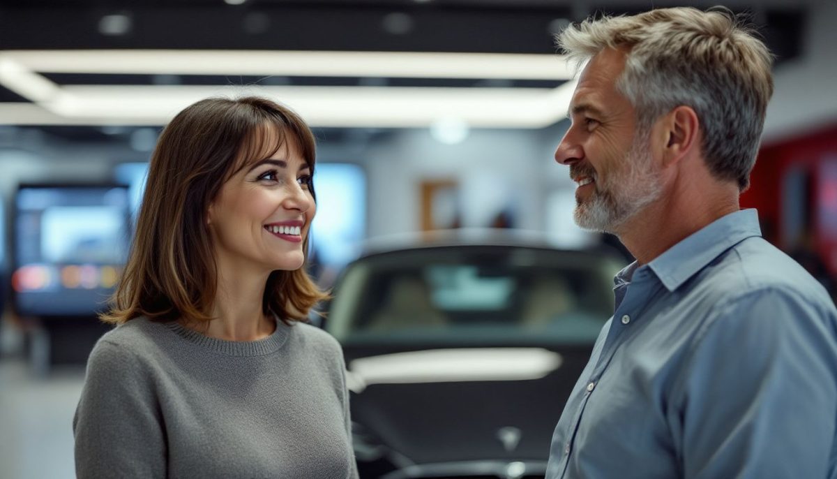 A middle-aged couple discussing leasing options at a Tesla dealership.