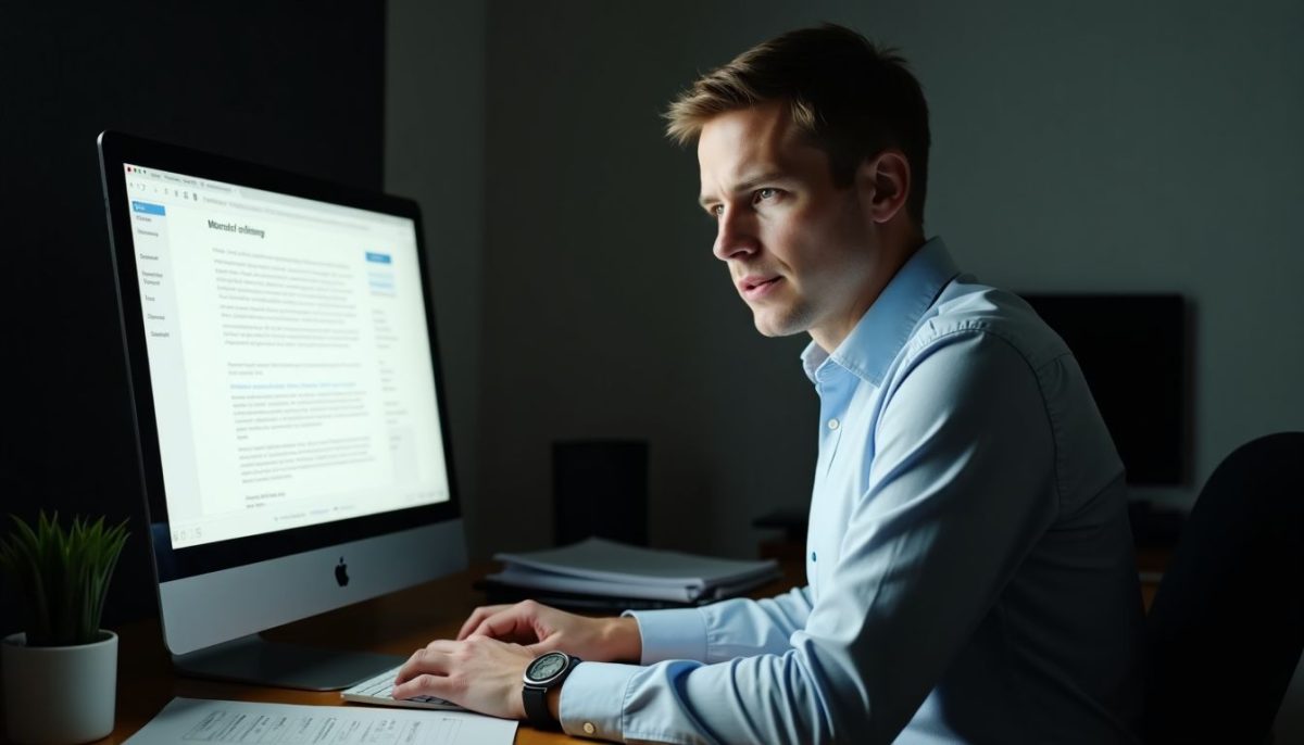 A man reviews legal documents related to Tesla's Autopilot technology.