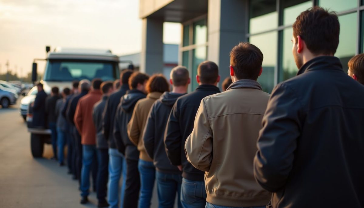 A diverse group of people waiting in line to pre-order the Cybertruck.