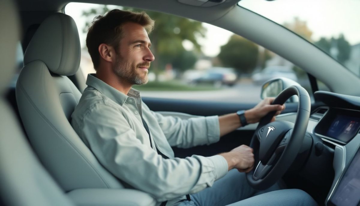 A man in his late 30s demonstrating Tesla's Autopilot feature.