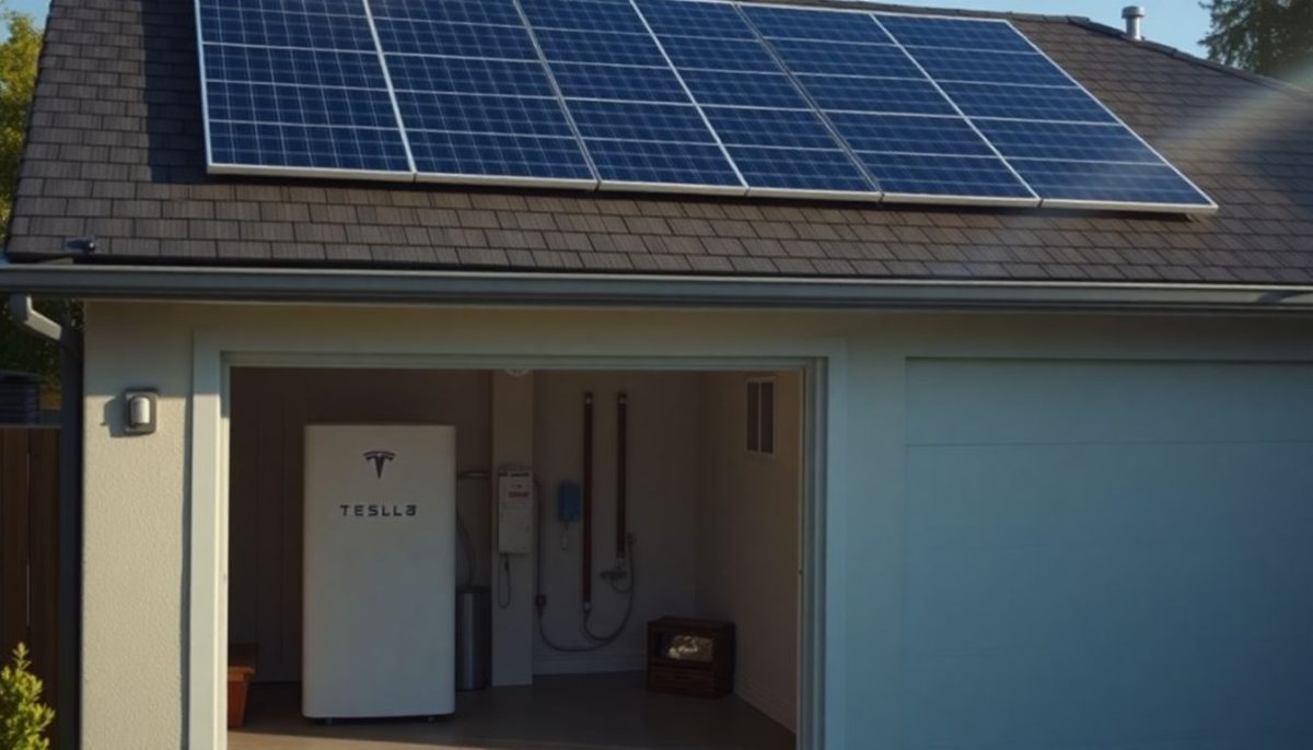 A residential house with solar panels and a Tesla Powerwall.