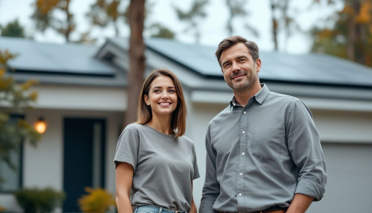 A middle-aged couple admiring their new Tesla Solar Roof on their home.