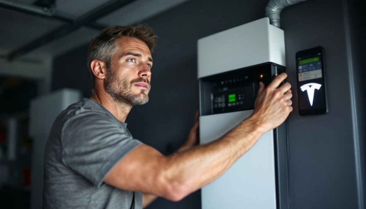 A man installs a Tesla energy storage unit in a modern garage.