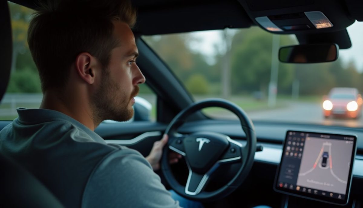 A man in his 30s sitting in a Tesla Model S with Full Self-Driving capabilities displayed on the dashboard.