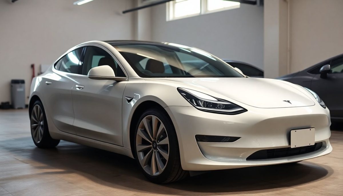 A 2024 Tesla Model 3 parked in a bright garage.