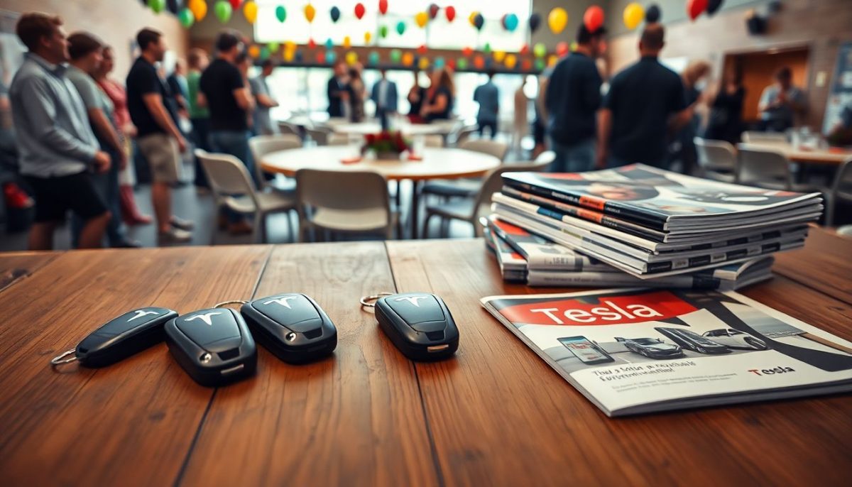 Diverse Tesla car key fobs and energy product magazines at a meet-up event.