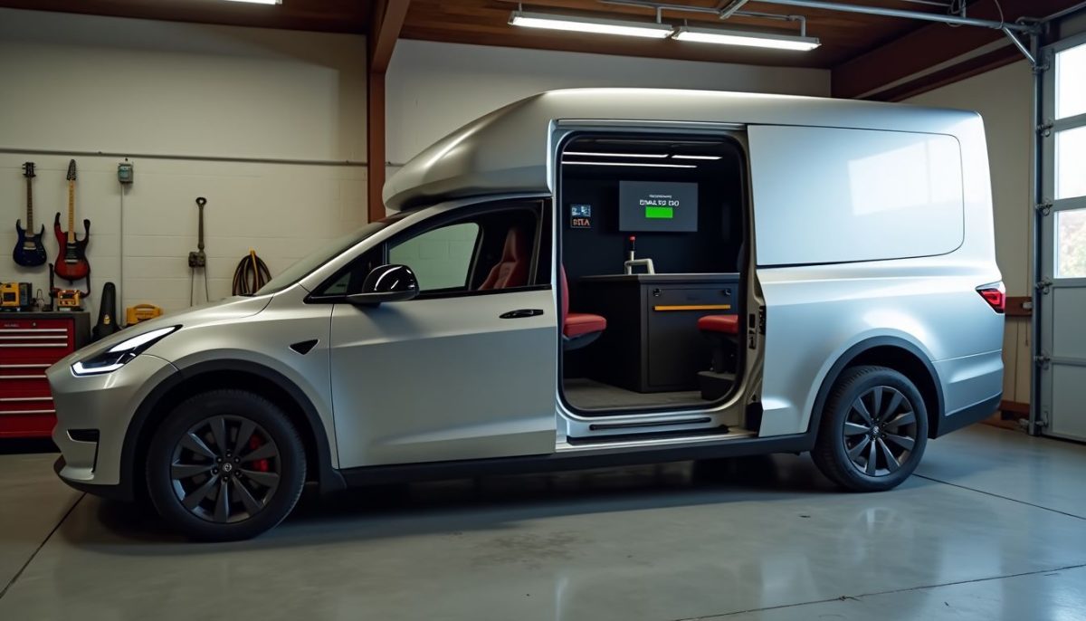 A Tesla Cybertruck parked in a garage with tools around.