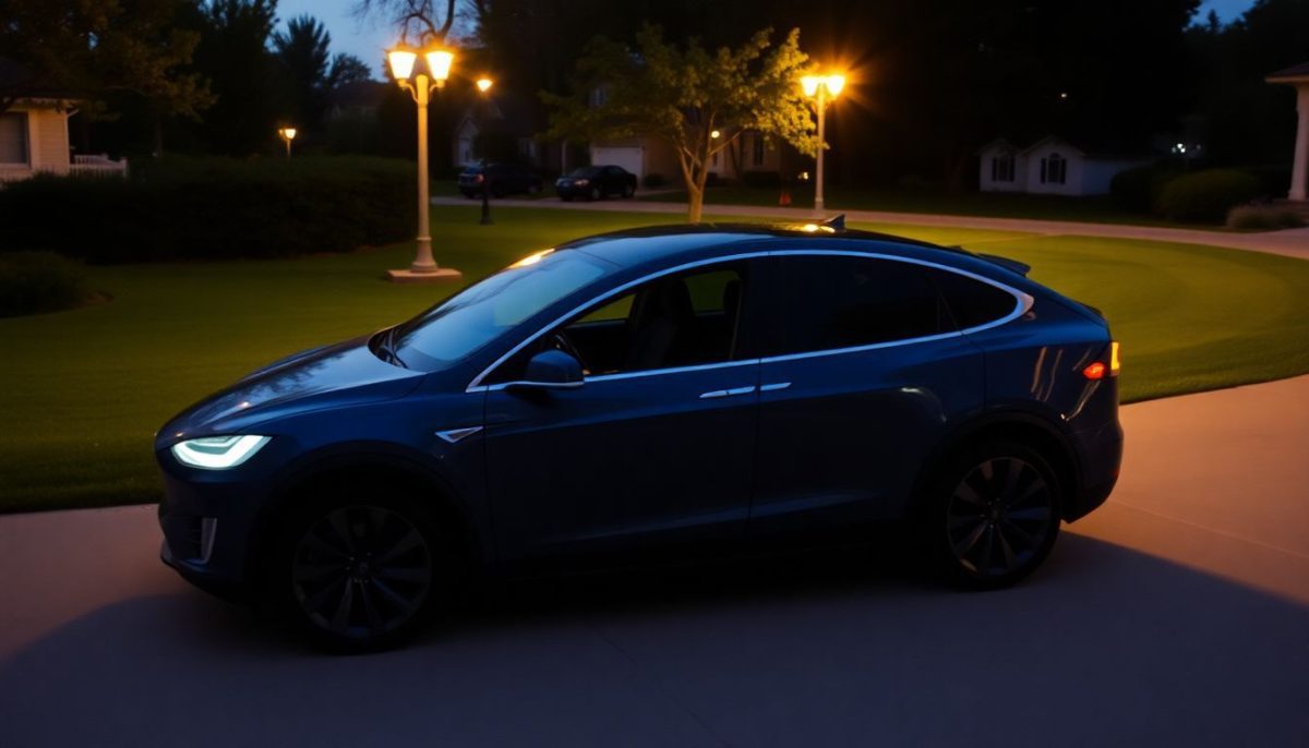 A Tesla Model X parked in suburban driveway at dusk.