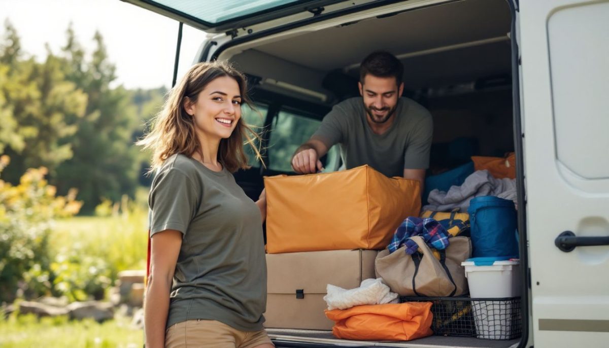 A couple in their 30s loading camping gear into a Cybertruck.