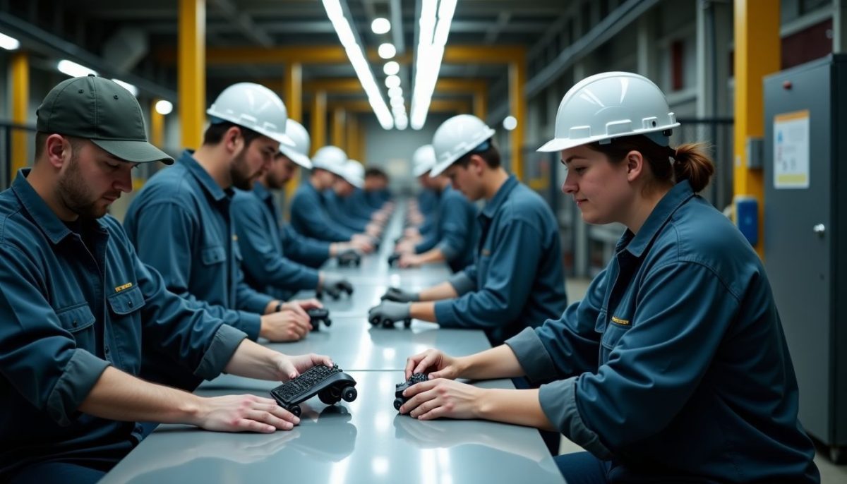 A busy Tesla Gigafactory production line with diverse workers.