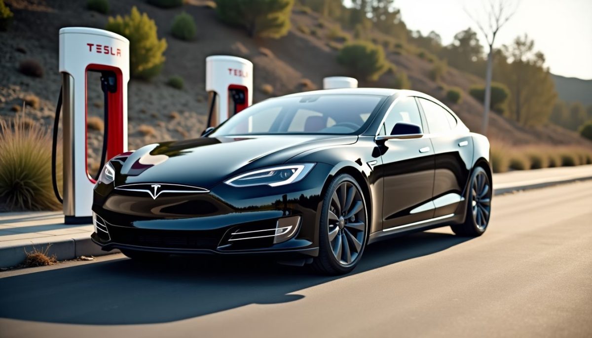 A Tesla Model S recharging at a Supercharger station during a road trip.