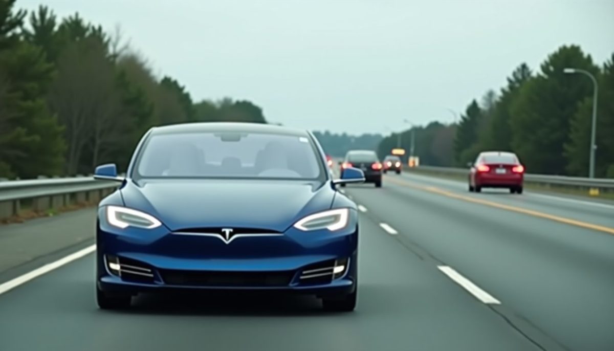 A Tesla Model S driving on a wide US highway with Autopilot.