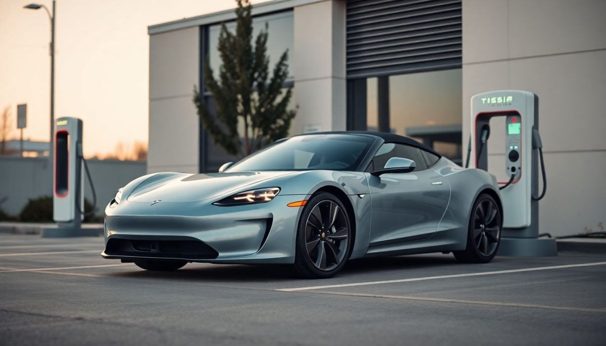 A Tesla Roadster parked at a modern charging station in the evening.