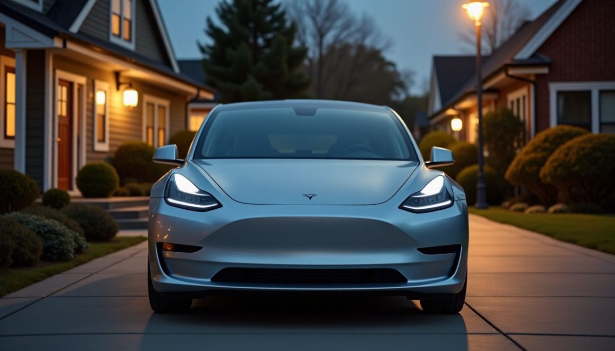 A silver Tesla Model Y parked in a suburban driveway at night.