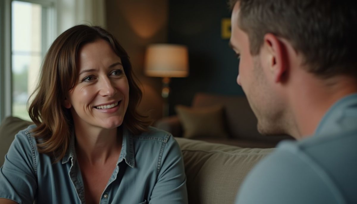 A middle-aged couple discussing a Tesla lease agreement in a cozy living room.