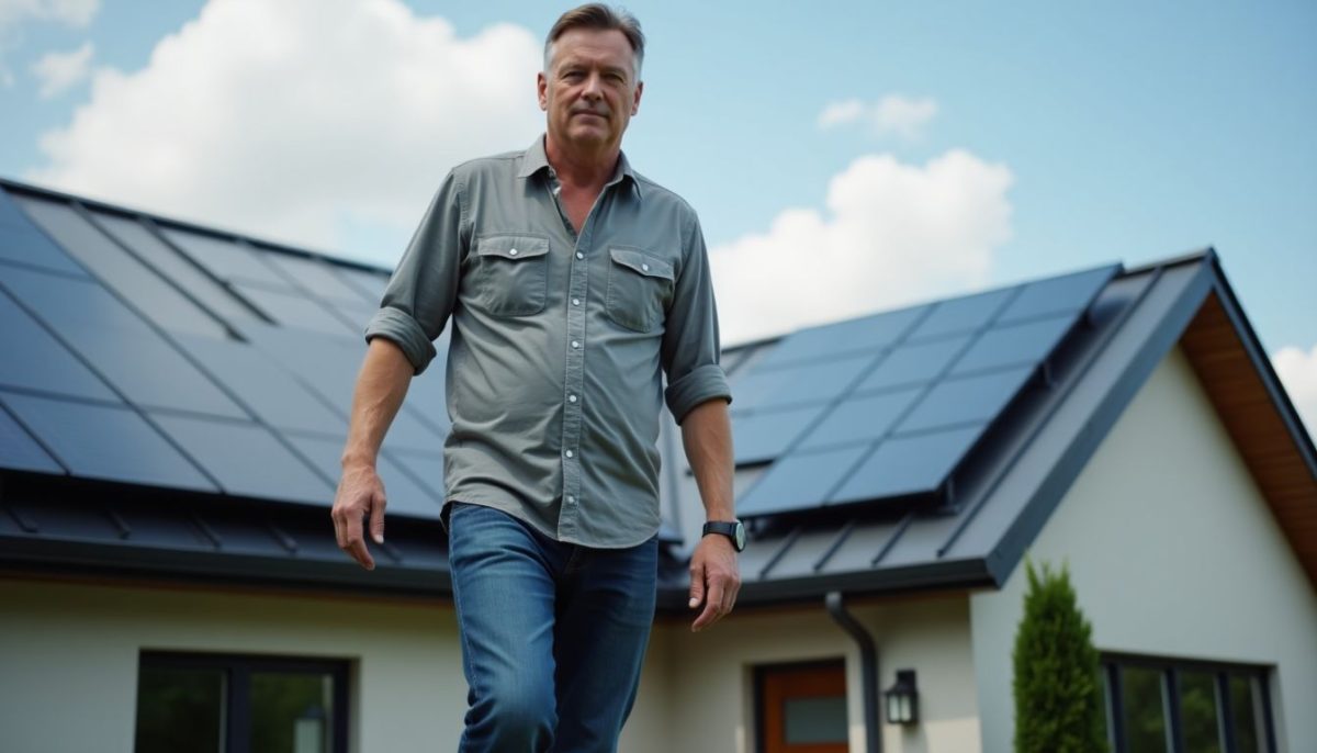 A middle-aged man is installing a Tesla Solar Roof on a modern house.