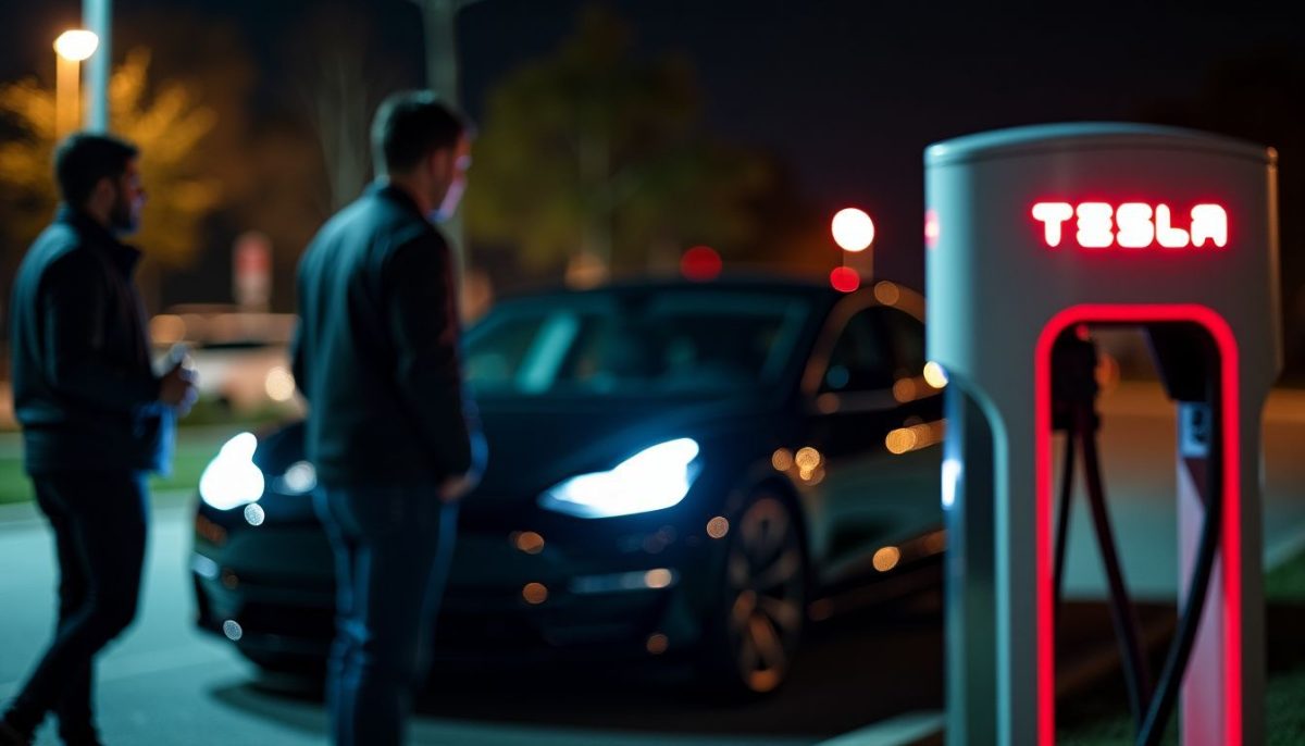 A Tesla electric vehicle charging station with people waiting at night.