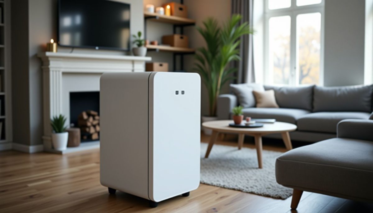 A modern home energy storage unit is placed in a stylish living room filled with smart home devices.